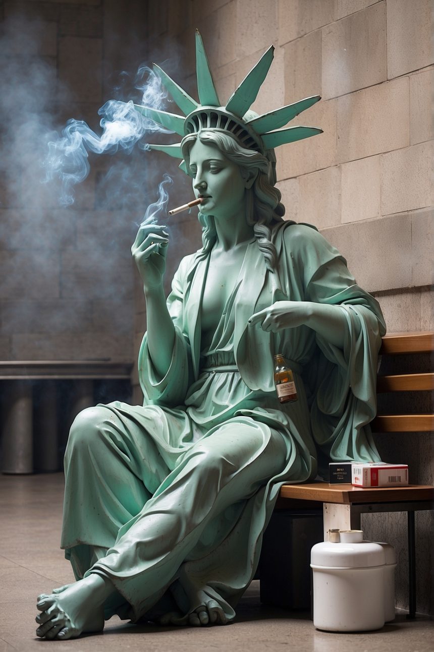 Статуя Свободы во время перерыва, чтобы выкурить сигарету