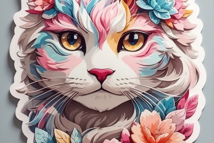 Детальное с изображение красочной головы сахарного кота, фантазийные цветы