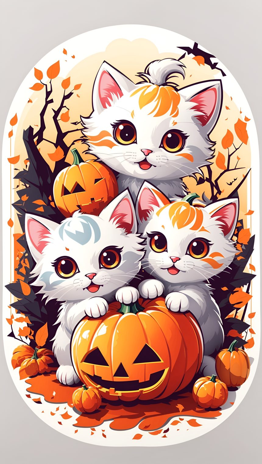 Иллюстрация Kawaii Котята играют с маленькой тыквой