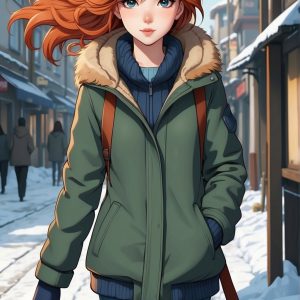 MSchiffer с динамичными темными линиями в стиле cel-shading, молодой девушки в зимней одежде