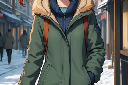 MSchiffer с динамичными темными линиями в стиле cel-shading, молодой девушки в зимней одежде