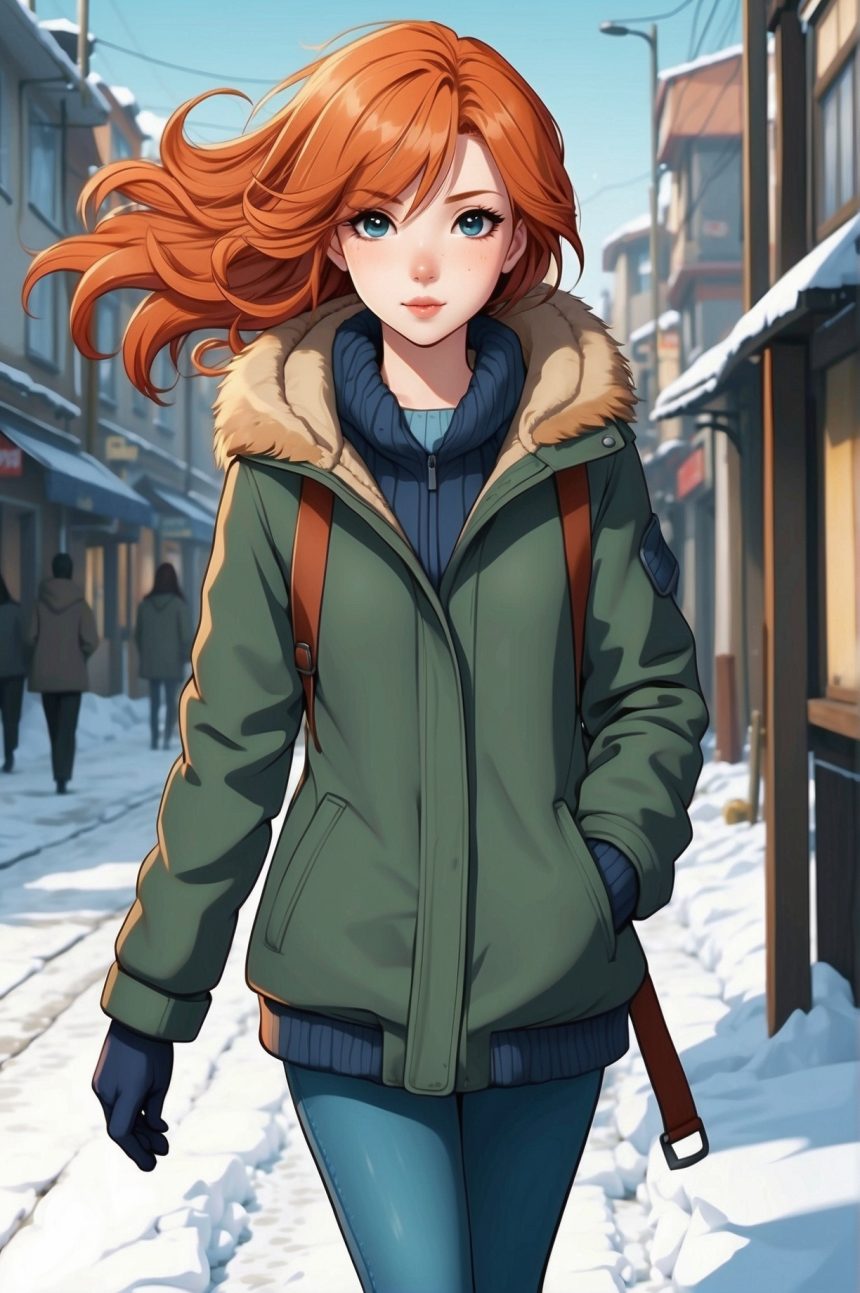 MSchiffer с динамичными темными линиями в стиле cel-shading, молодой девушки в зимней одежде