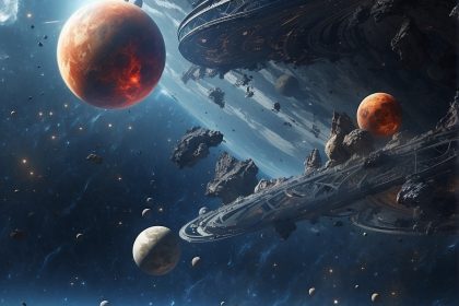 Научно-фантастическая сцена освоения космоса за горизонтом событий