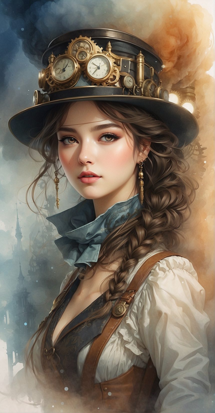Steampunk Time Voyager девушка, акварель, техника размывки, как в сказке