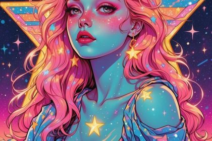Упрощенная карта таро «Звезда» с девушкой, художественный стиль synthwave