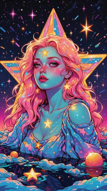 Упрощенная карта таро «Звезда» с девушкой, художественный стиль synthwave