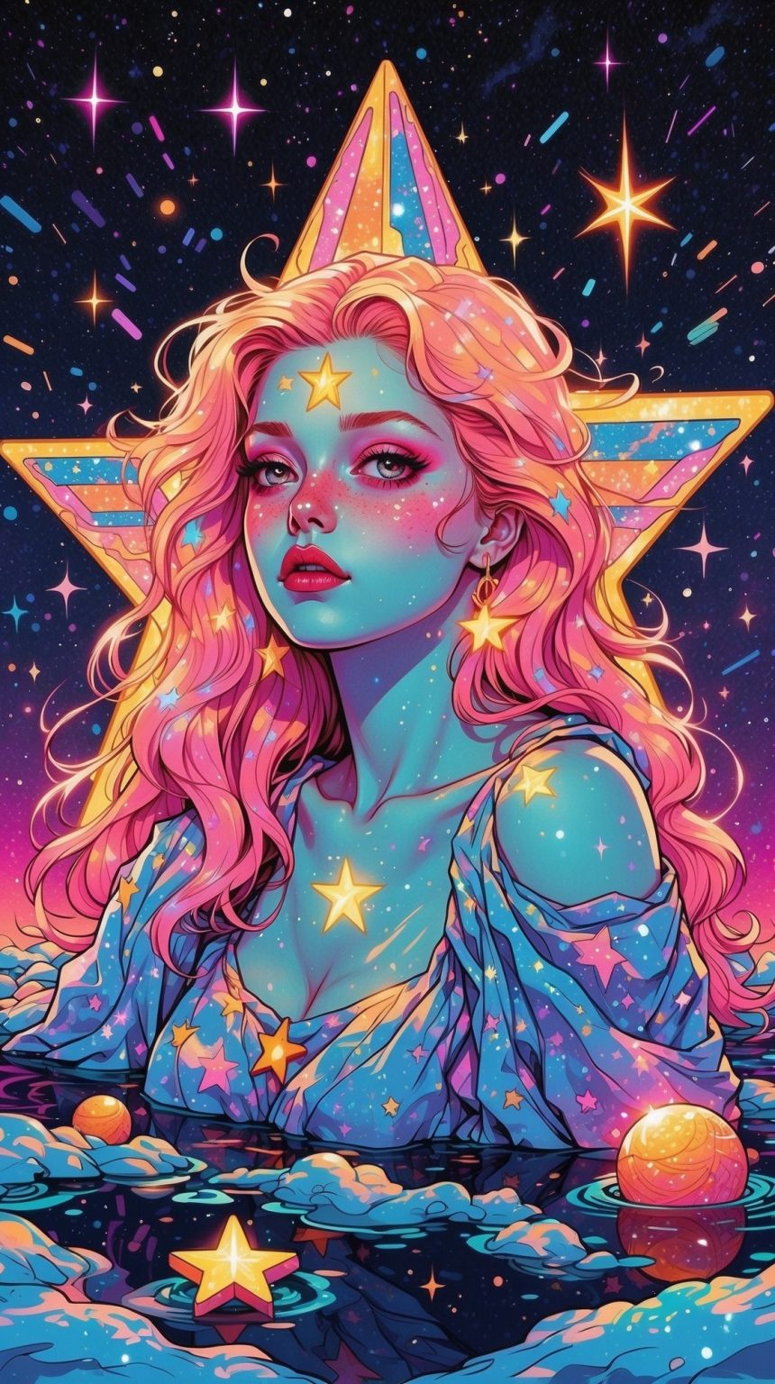Упрощенная карта таро «Звезда» с девушкой, художественный стиль synthwave