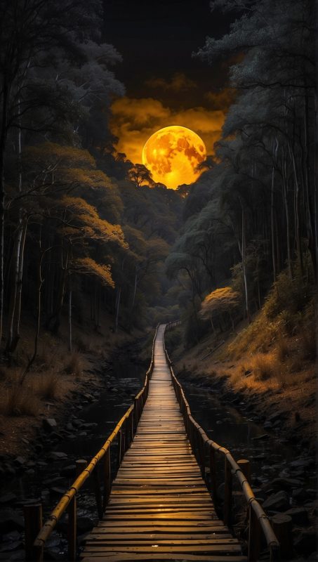 Узкая дорога и мост, лес в темной-черной ночи